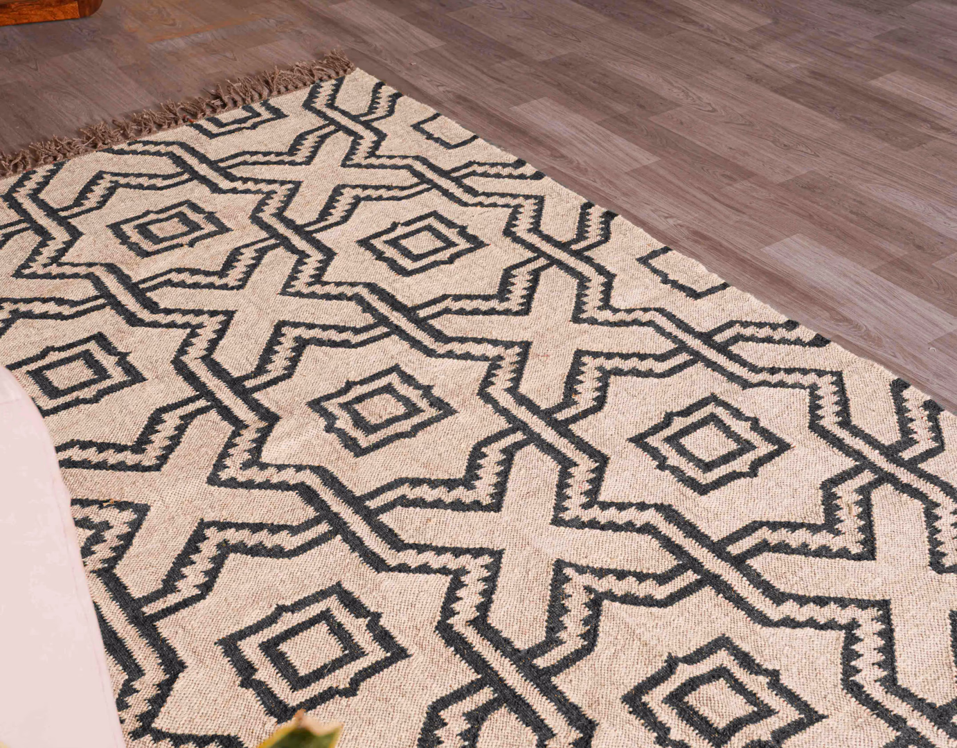 Indian Hand Woven Off White with Black Design Wool Jute Kilim Rug with